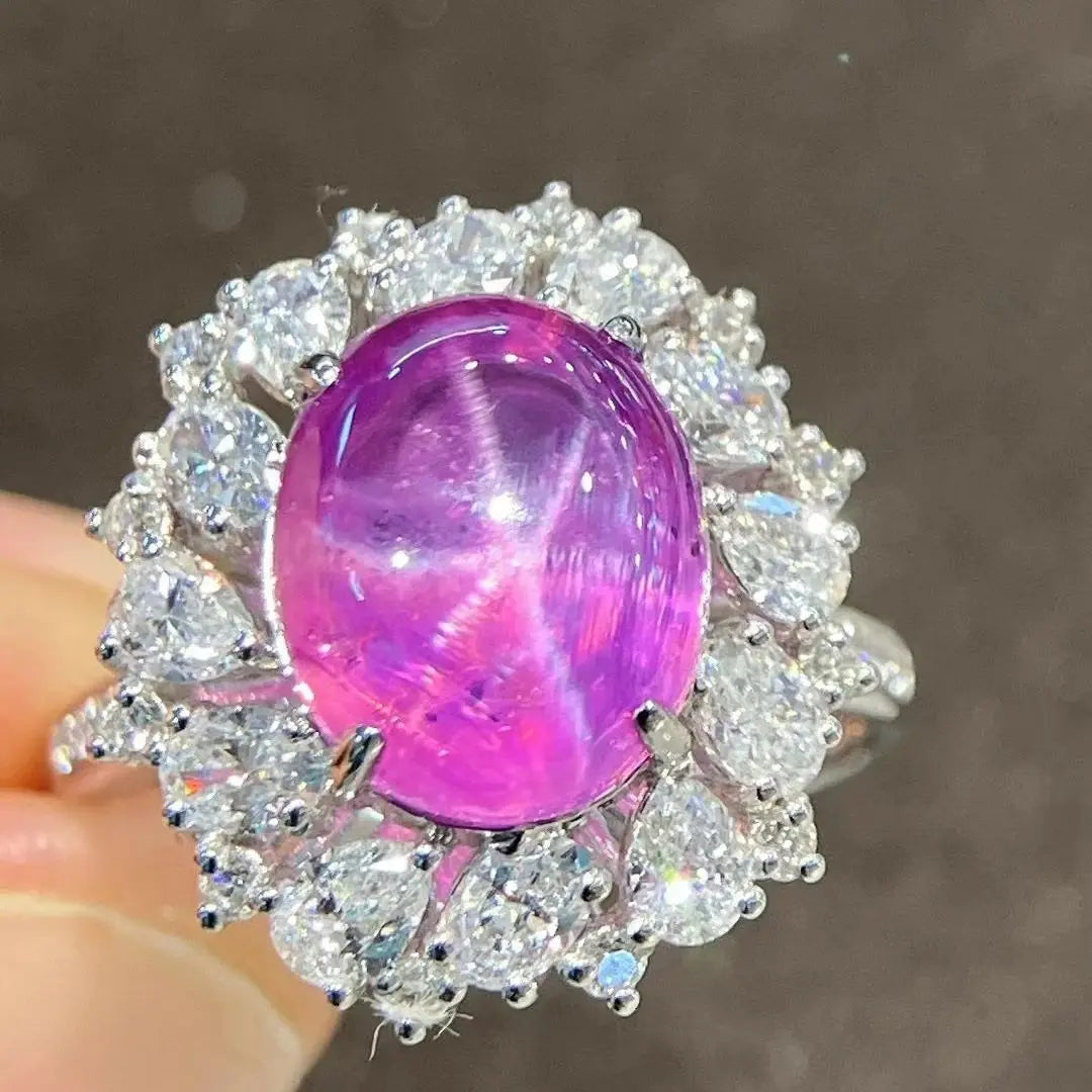LR24 Solid 18K White Gold Natural Unheat Pink Star Sapphire 6.86ct Gemstones Unisex Sapphire Diamonds Rings