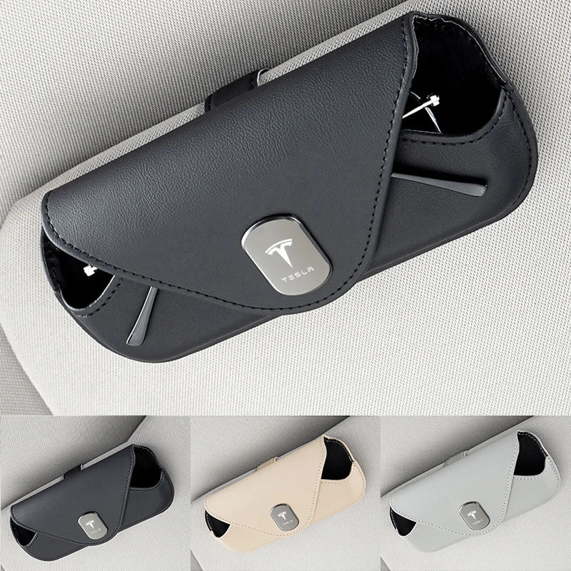 High Quality Leather Car Sun Visor Glasses Box Sunglasses Storage Case Clip For Tesla Model 3 Model S X Model Y Roadster SpaceX