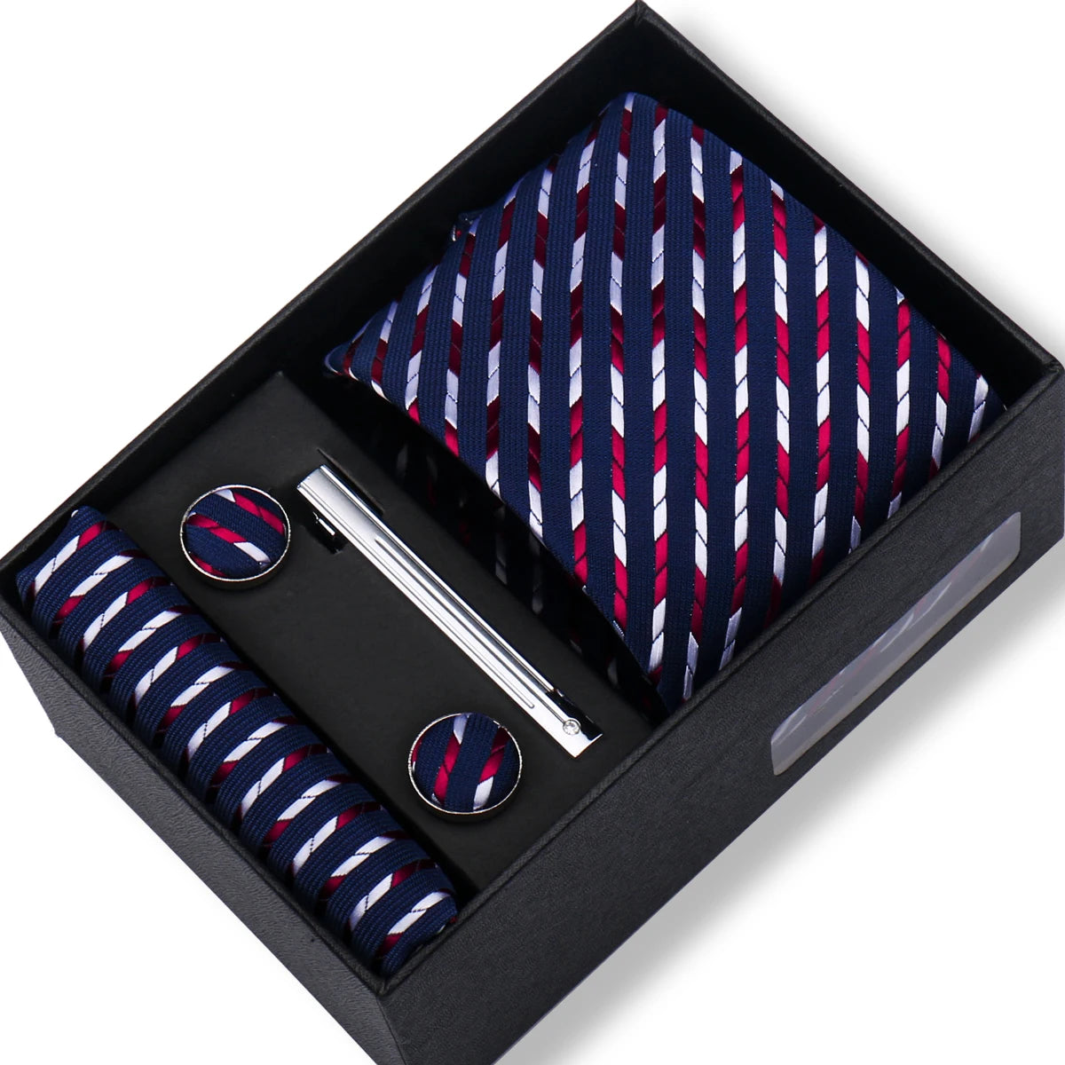 Fashion Elegant Men's Necktie Gift Box Striped Tie Handchief Cufflink Tie Clip 4 pcs Set Wedding Business Party Suit Accessories
