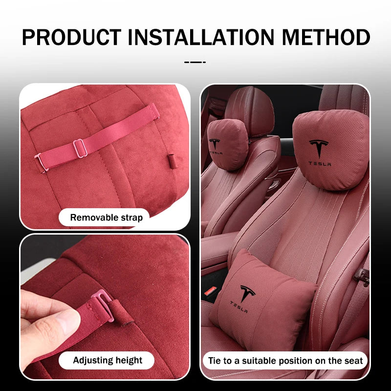 Suede Car Seat Neck Pillow Headrest Waist Lumber Support For Tesla Model 3 Y S X Roadster