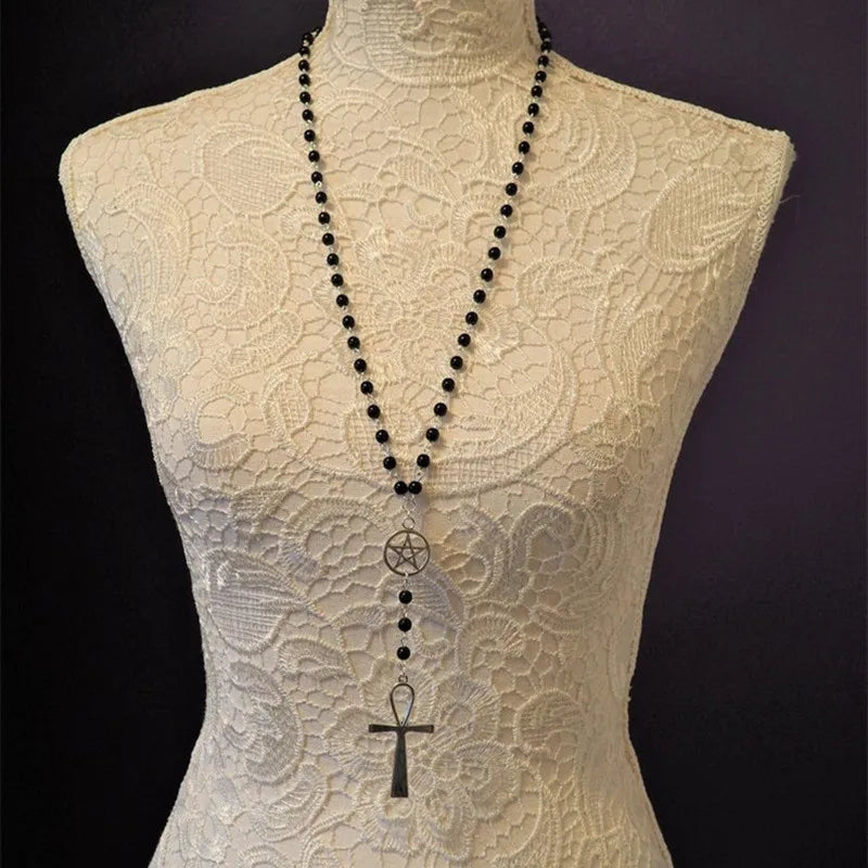 Gothic Bat Pendant Necklace for Women Men Beaded Chain Retro Pagan Pentagram Goth Necklace Male Female Jewelry Gift Accessories