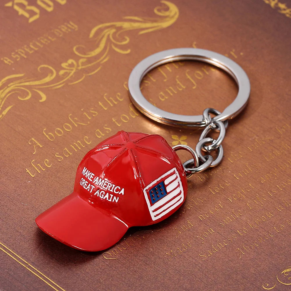 Trump Red Hat Pendant Keychain American Flag Hat Make America Great Again Metal Key Chain for Men Mesh Cap Car Key Ring Jewelry