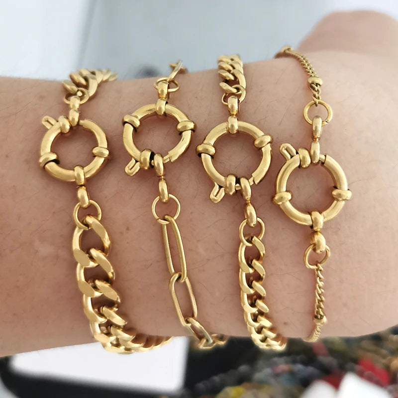 QMHJE Sailor Clasp Necklace Women Men Choker Stainless Steel Geometric Rolo Link Cuba Paperclip Chain Basic DIY PVD Gold Color