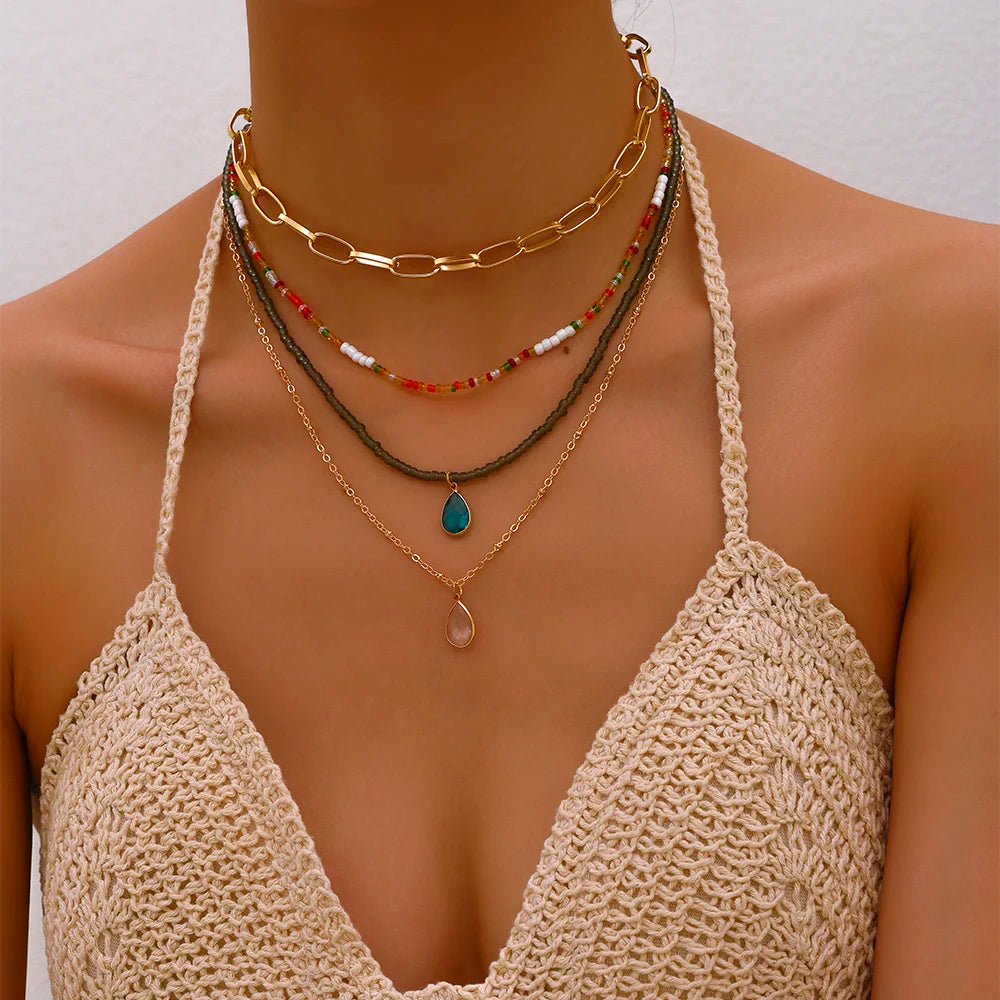 Bohemian Multilayer Handmade Beads Chain Fashion Necklaces Tassels Colorful Crystal Pendant Jewelry For Women Accessories X0180