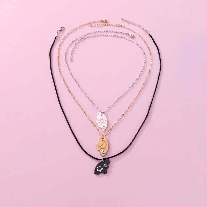 Lovecryst 3Pcs/set Sun Moon Star Pendant Necklace Best Friend Bff Friendship Couple Necklace Fashion Jewelry