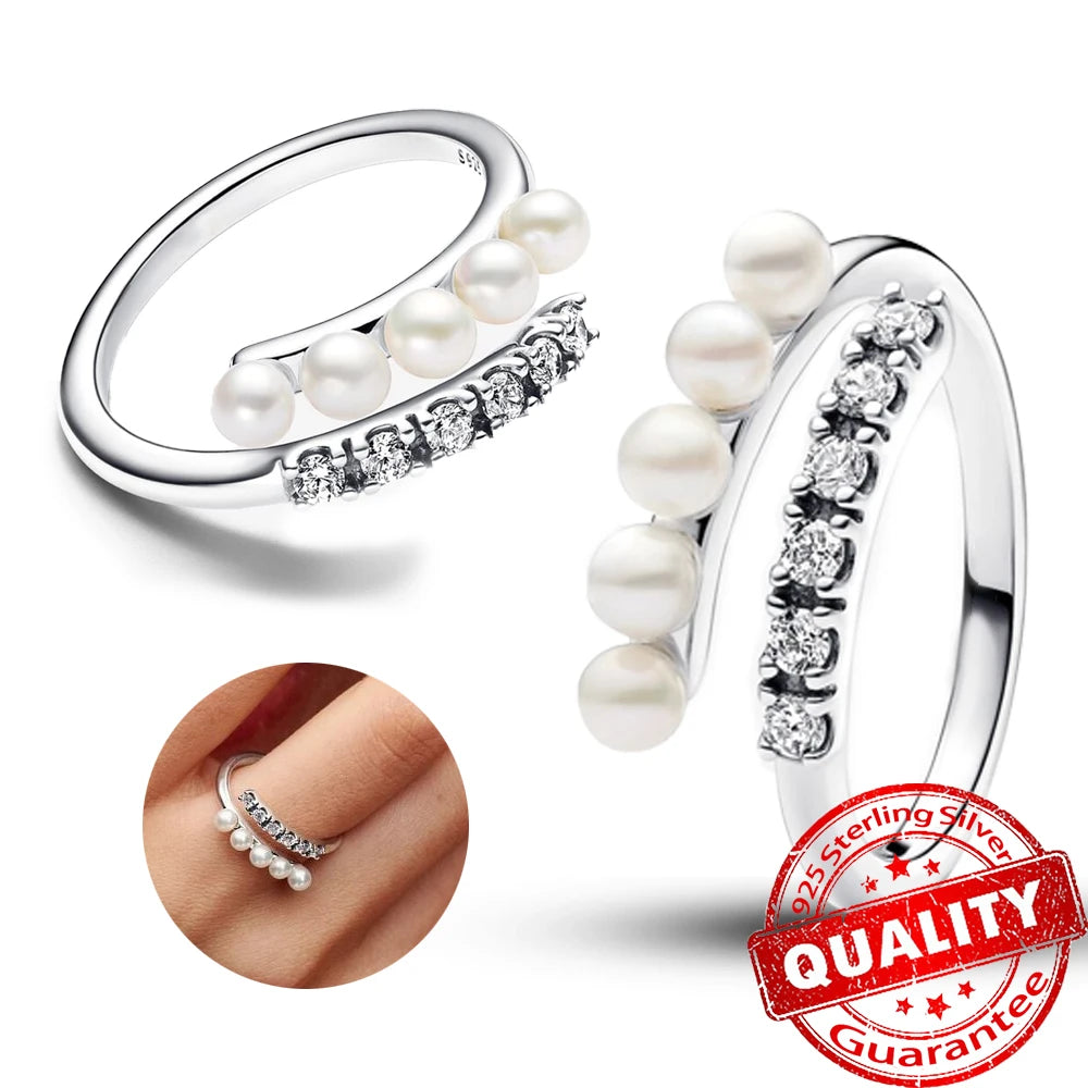 Sparkling Black Row Eternity Diamond Ring 925 Sterling Silver Freshwater Cultured Pearls Finger Open Ring for Women Jewelry Gift