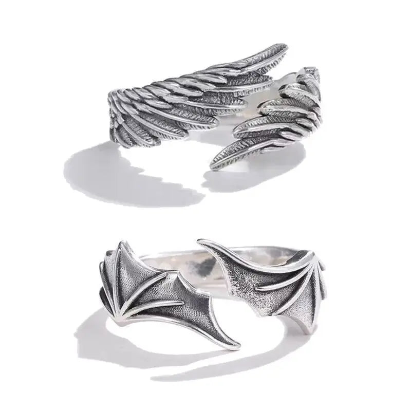 TrendMen Hiphop Rock Angel Devil Wing Couple Rings For Men Boys Silver Color Metal Fingers Accessories Party Jewelry Gifts