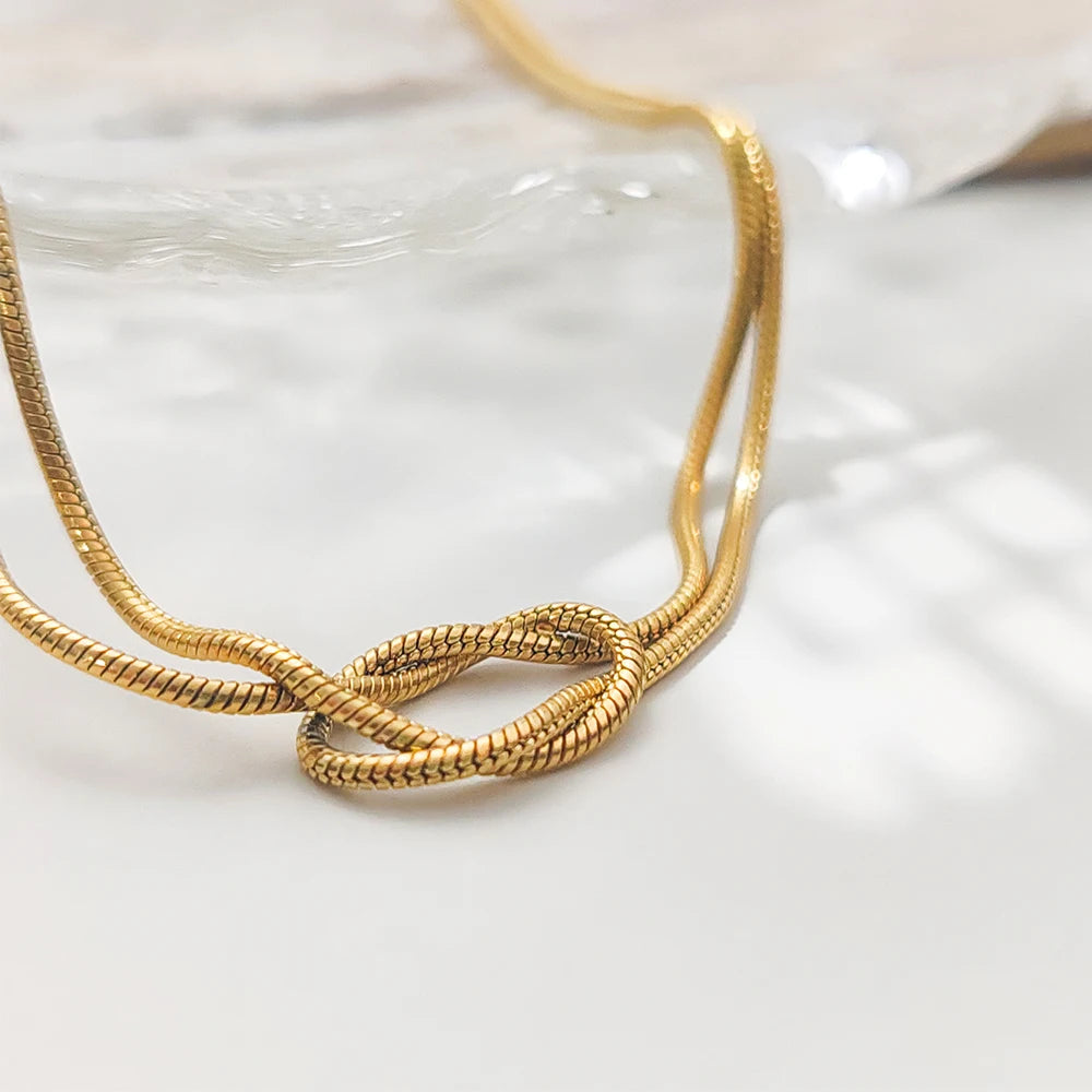 eManco Elegant Minimalist Jewelry Lusterless 14k Gold Plated Knotted Snake Chain Necklace Women's Stainless Steel Accessories