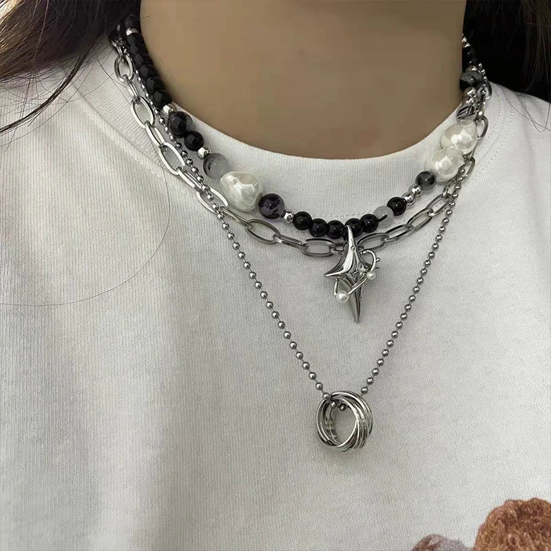 Kpop Cross Star Beaded Necklace for Men Unisex Hiphop Imitation Pearl Star Pendant Necklaces Women Y2K Punk Tassel Necklace