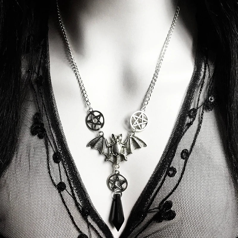 Gothic Bat Pendant Necklace for Women Men Beaded Chain Retro Pagan Pentagram Goth Necklace Male Female Jewelry Gift Accessories