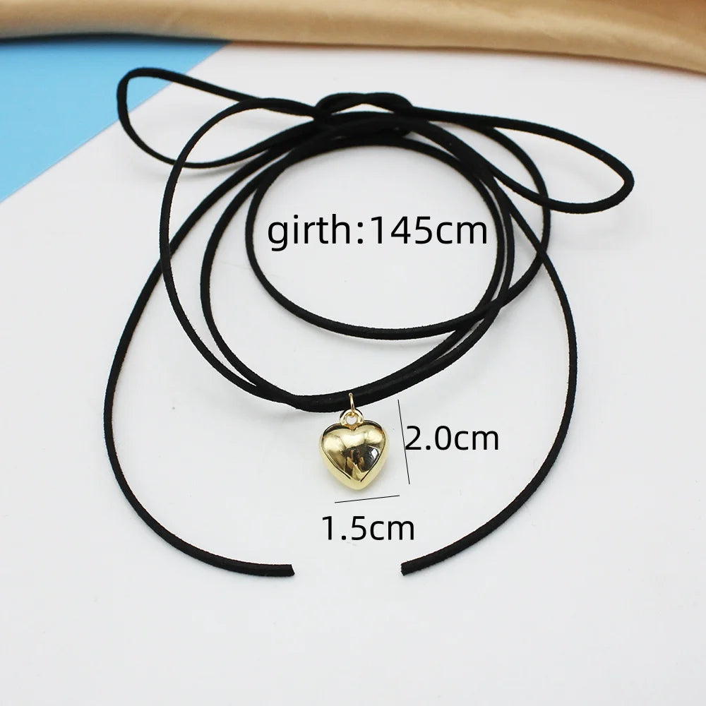 Punk Goth Black Velvet Big Heart Pendant Choker Necklace for Women Elegant Weave Knotted Bowknot Adjustable Chain Jewelry
