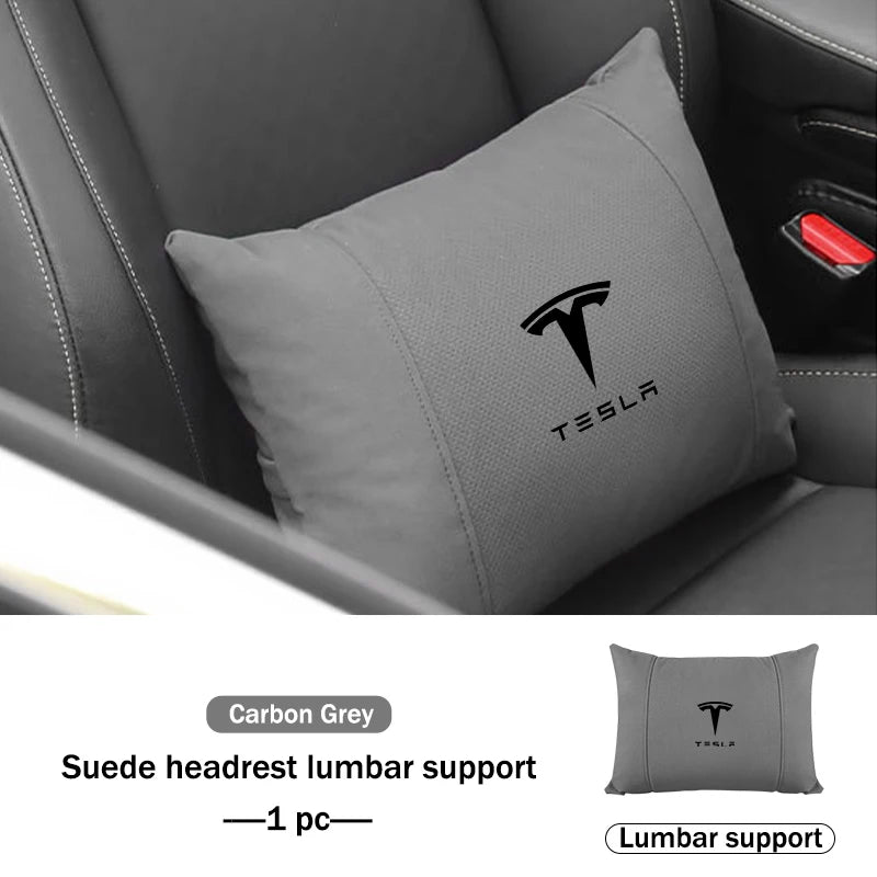 Suede Car Seat Neck Pillow Headrest Waist Lumber Support For Tesla Model 3 Y S X Roadster