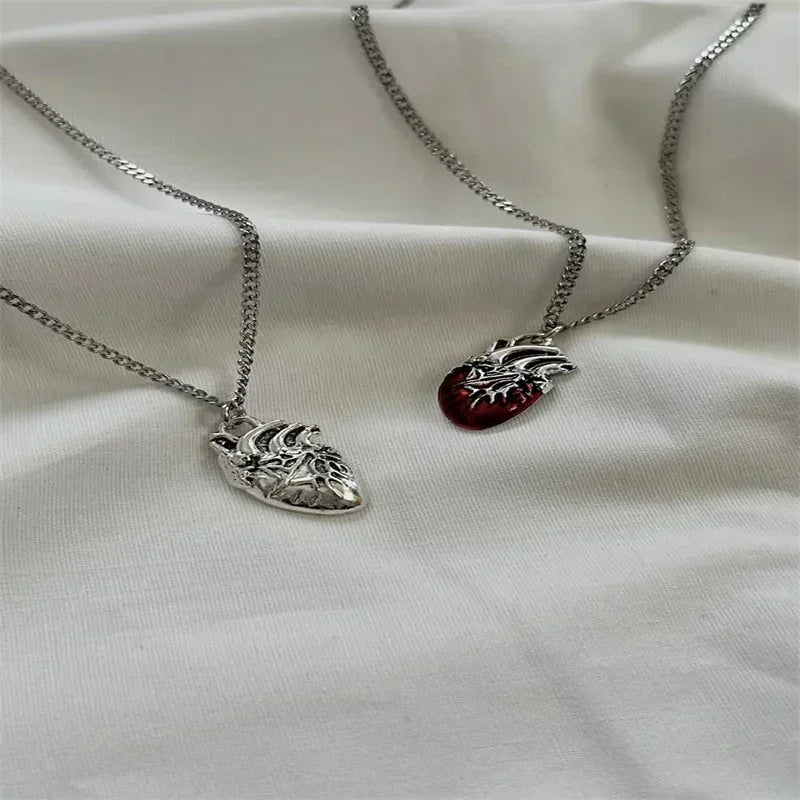 Anatomical red heart necklace gothic y2k grunge jewelry dainty silver color tonebloody red human heart pendant personalized gift