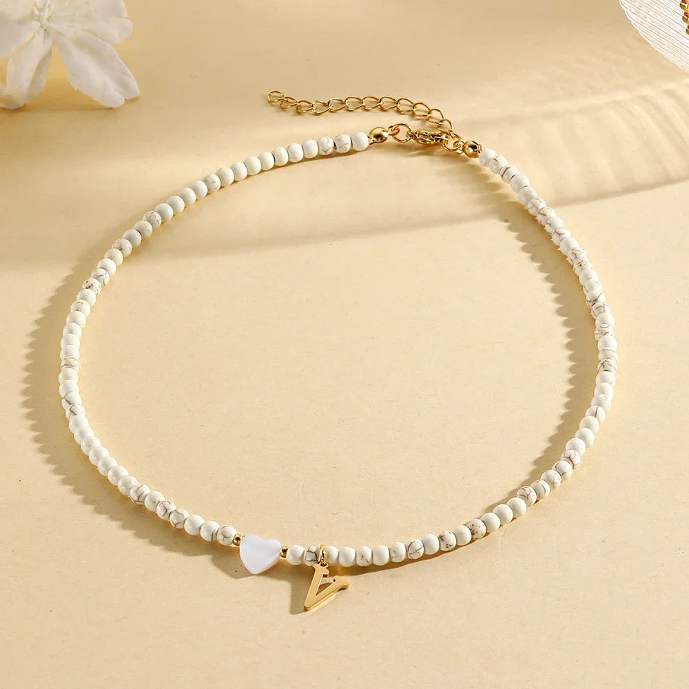 Bohemian Choker neck Initial necklaces heart-shaped shell letter pendant beads Women's stainless steel necklace woman trend2024