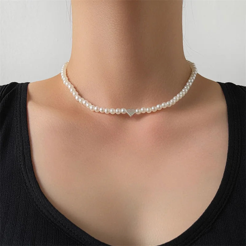 New Beads Women's Neck Chain Kpop Pearl Choker Necklace Gold Color Goth Chocker Jewelry On The Neck Pendant 2024 Collar For Girl