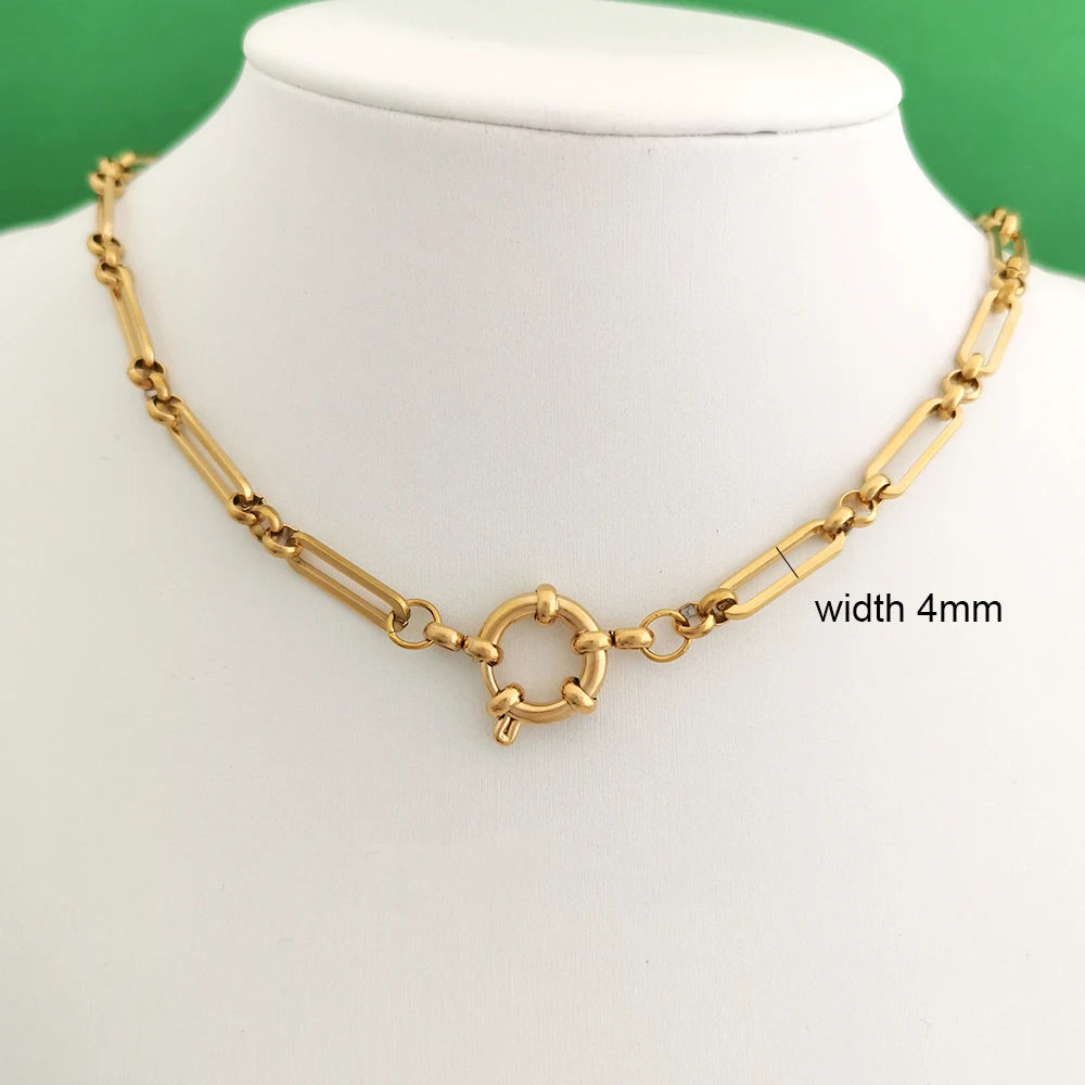 QMHJE Sailor Clasp Necklace Women Men Choker Stainless Steel Geometric Rolo Link Cuba Paperclip Chain Basic DIY PVD Gold Color