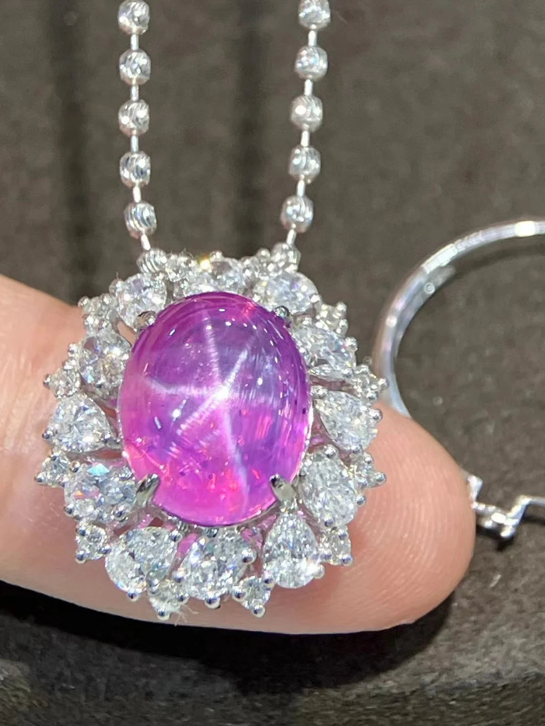 LR24 Solid 18K White Gold Natural Unheat Pink Star Sapphire 6.86ct Gemstones Unisex Sapphire Diamonds Rings