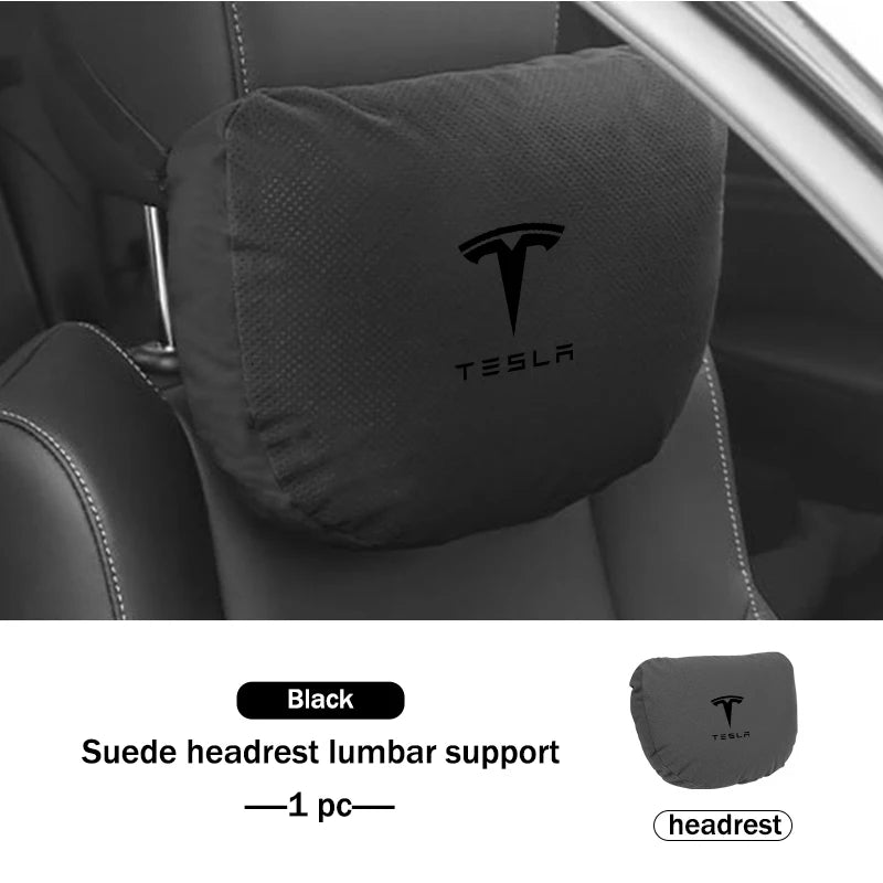 Suede Car Seat Neck Pillow Headrest Waist Lumber Support For Tesla Model 3 Y S X Roadster