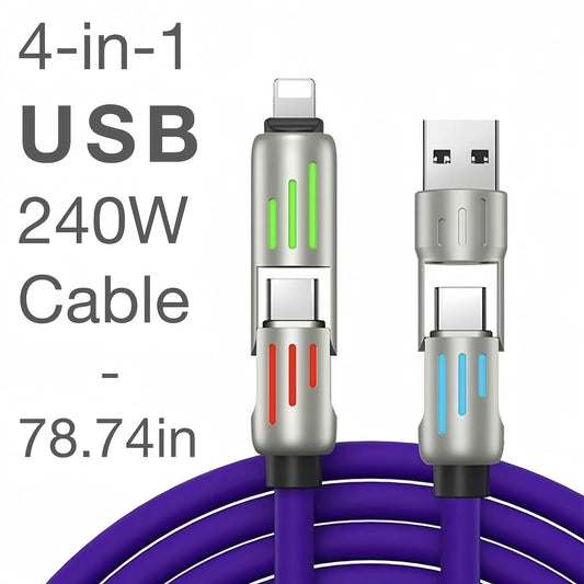 240W 4-in-1 USB Type C Silicone Fast Charging Cable, For iPhone/Huawei/Samsung/ Durable Type-C To USB A Cable