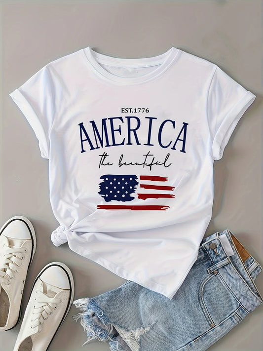 Women's Patriotic American Flag Print T-Shirt - Casual Crew Neck Short Sleeve Stretchy Washable - Perfect for Independence