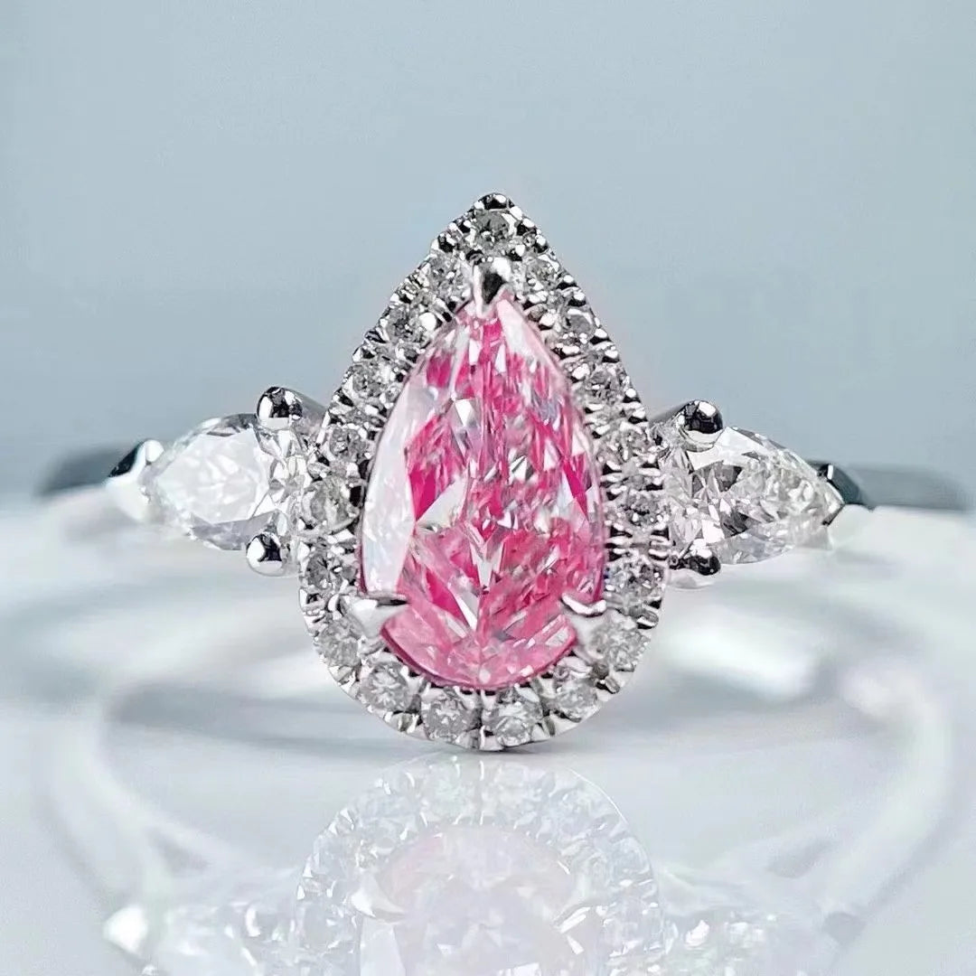 SGARIT Jewelry 18K White Gold 0.55 Carat Ring Drop Shaped Clarity VS Pink Natural Diamond Ring for Woman Birthday Gift