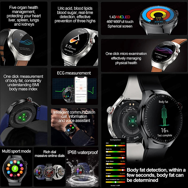 2024 Medical Grade Uric Acid Blood Fat Men Smartwatch ECG Blood Glucose Heart Rate Blood Pressure Health Monitoring Smart Watch