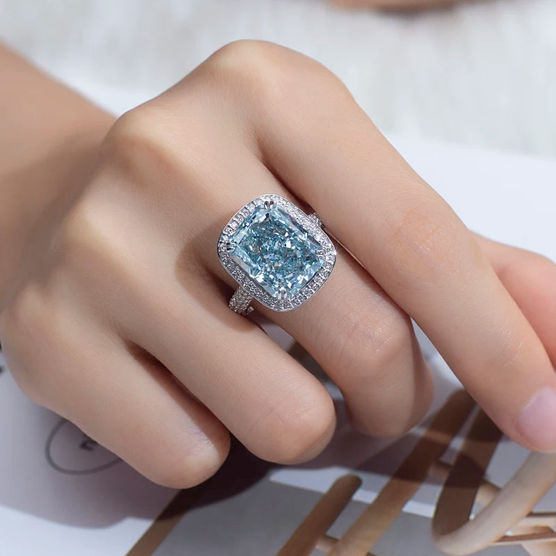 Messi Jewelry 14K White Gold Blue Lab Grown Diamond 1.6CT Cushion Cut Eternity Ring