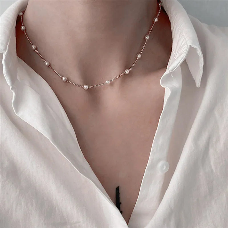 New Beads Women's Neck Chain Kpop Pearl Choker Necklace Gold Color Goth Chocker Jewelry On The Neck Pendant 2024 Collar For Girl