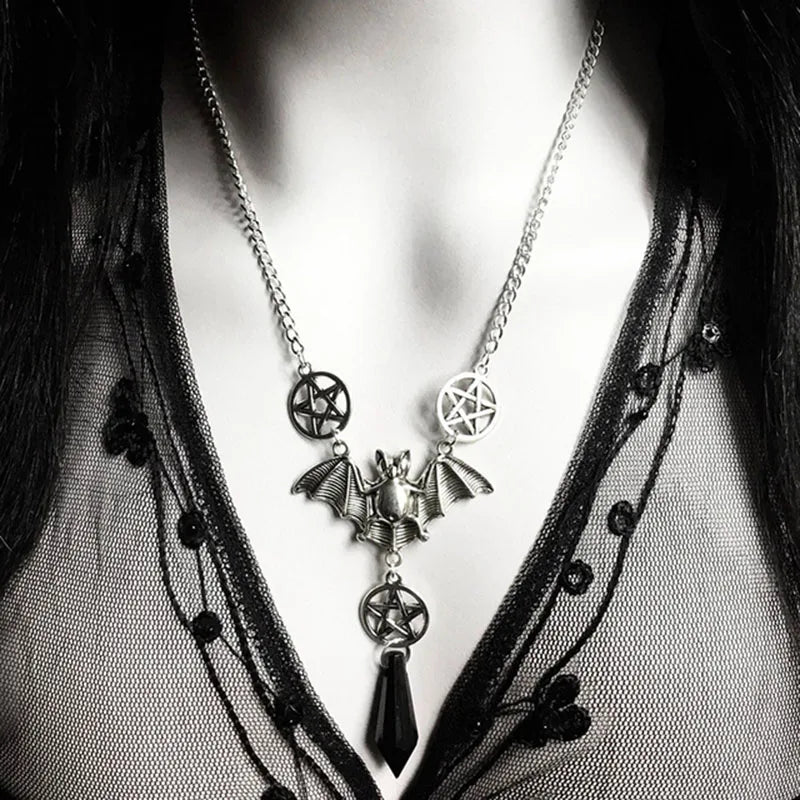 Gothic Bat Pendant Necklace for Women Men Beaded Chain Retro Pagan Pentagram Goth Necklace Male Female Jewelry Gift Accessories