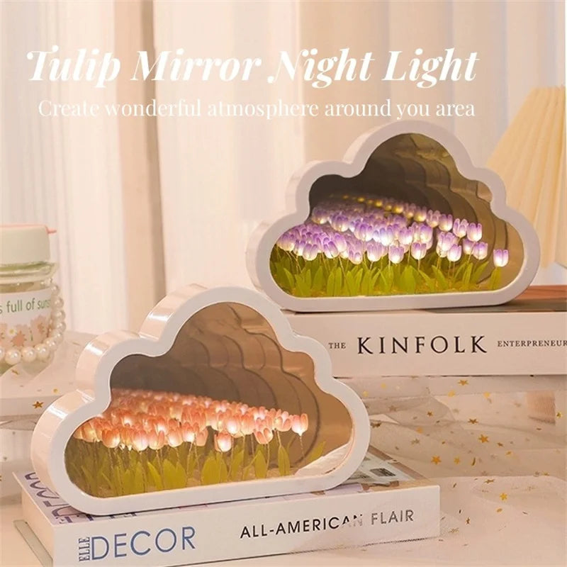 DIY Tulip Lamp Tulips Mirror Lamp Cloud Tulip Night Light Birthday Gift LED Flower Lamp Bedroom Decor