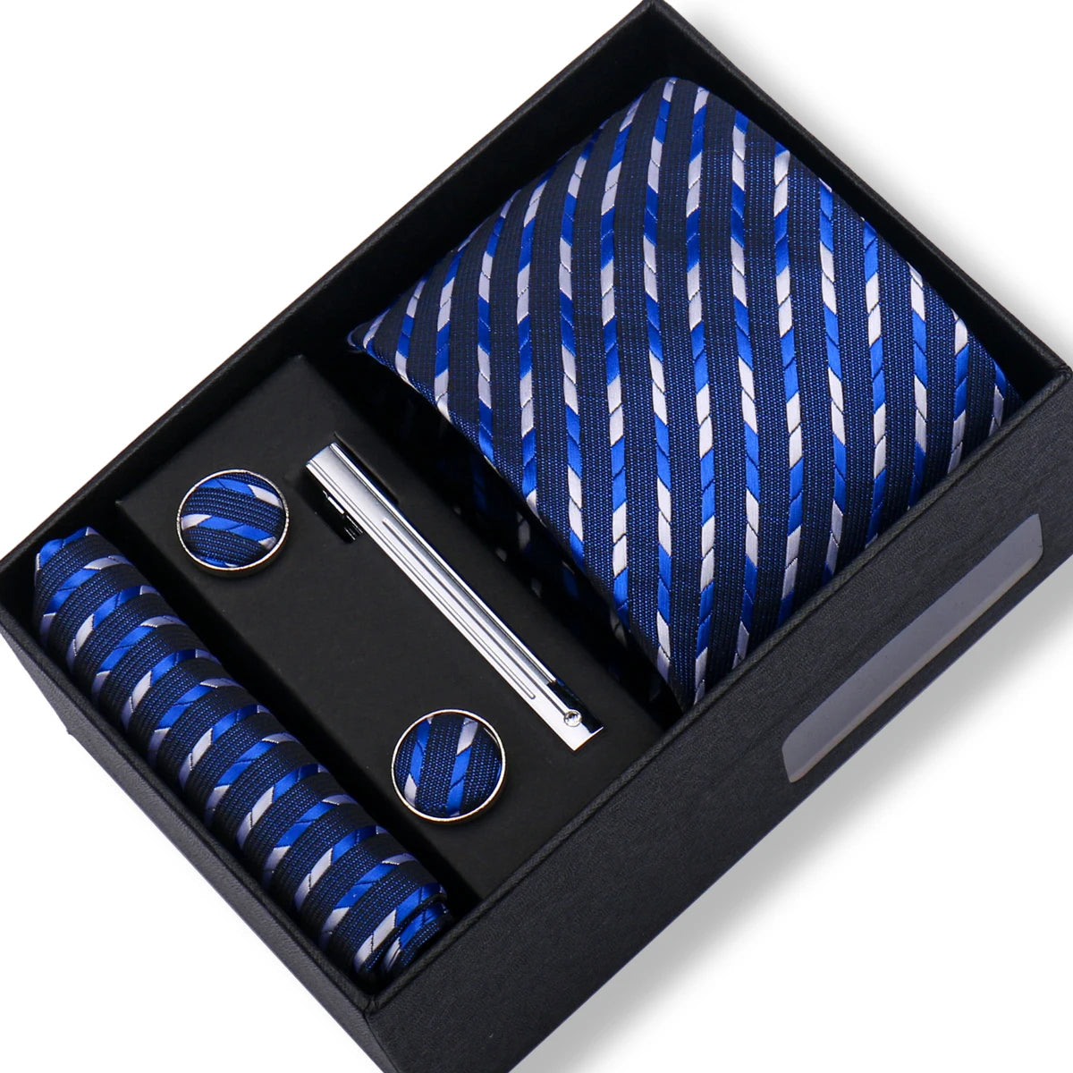 Fashion Elegant Men's Necktie Gift Box Striped Tie Handchief Cufflink Tie Clip 4 pcs Set Wedding Business Party Suit Accessories