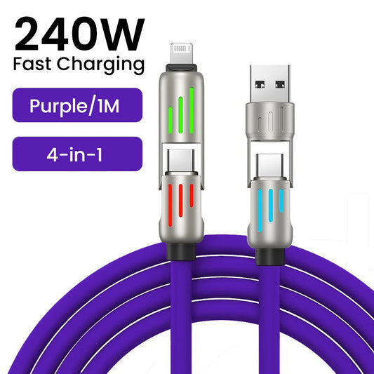 240W USB to Type C 4 in 1 Fast Charging Cable PD3.0 High Speed Data Transfer Charger Cable for iPhone 1514 Samsung Xiaomi HUAWEI