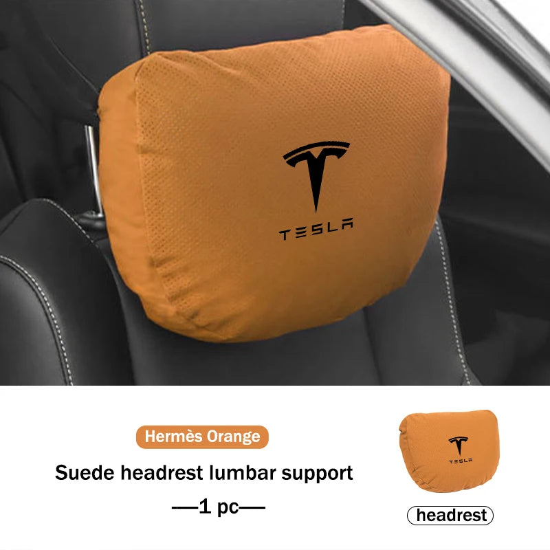 Suede Car Seat Neck Pillow Headrest Waist Lumber Support For Tesla Model 3 Y S X Roadster