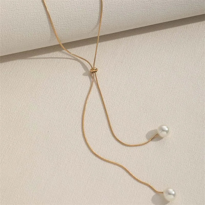 Fashion Silver Color Long Tassel Pull Pearl Pendant Necklaces for Women Simple Adjustable Clavicle Chain Choker Jewelry Gift