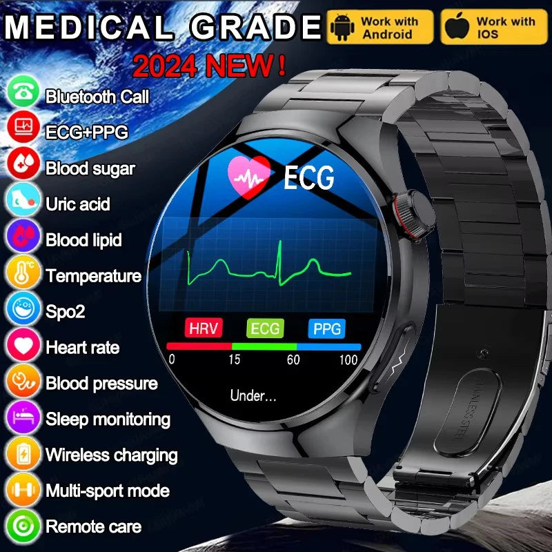 2024 Medical Grade Uric Acid Blood Fat Men Smartwatch ECG Blood Glucose Heart Rate Blood Pressure Health Monitoring Smart Watch