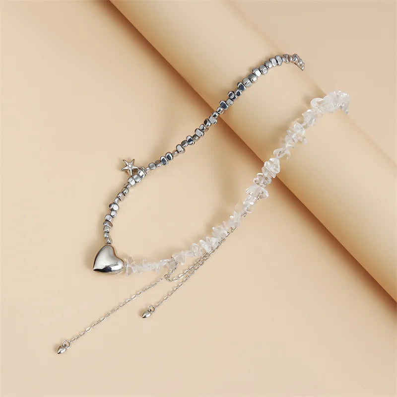 New Y2K Heart Beaded Necklace Women Boho Crystal Class Gravel Clavicle Chain Cool Y2K Choker Exquisite Fashion Jewelry