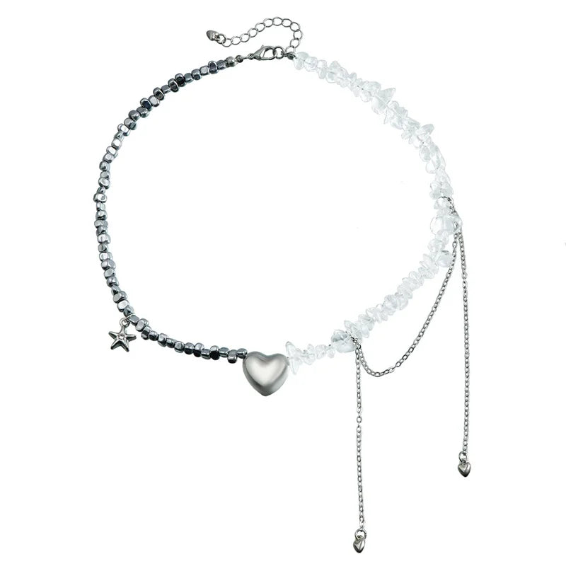 New Y2K Heart Beaded Necklace Women Boho Crystal Class Gravel Clavicle Chain Cool Y2K Choker Exquisite Fashion Jewelry