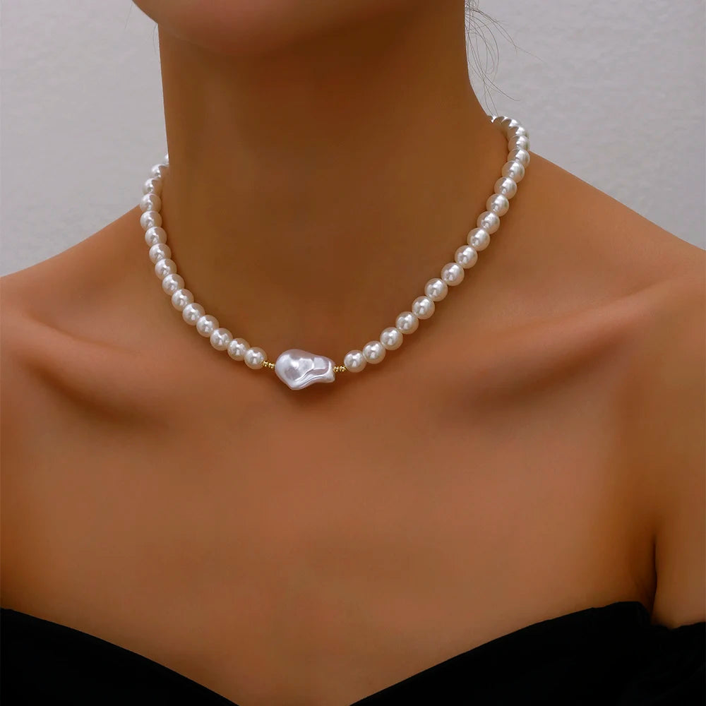 2023 Trend Elegant Jewelry Wedding Big Pearl Necklace For Women Fashion Imitation Pearl Green Rose Color Stone Choker Necklace