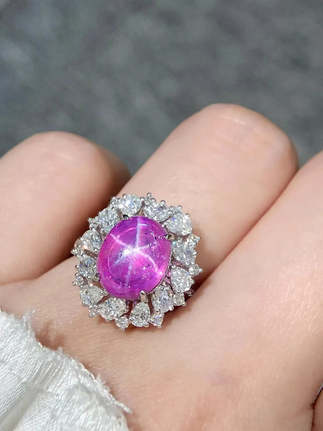 LR24 Solid 18K White Gold Natural Unheat Pink Star Sapphire 6.86ct Gemstones Unisex Sapphire Diamonds Rings
