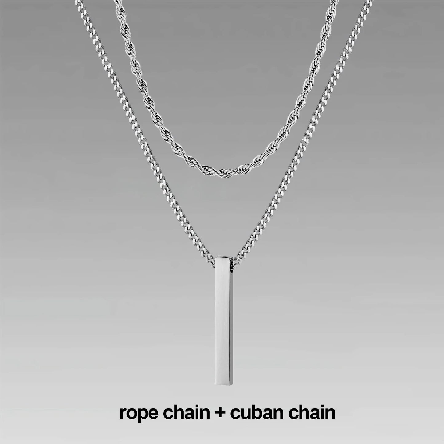 Vnox 3D Vertical Bar Necklaces for Men, Layering Stainless Steel Geometric Pendant, Layered Wheat Rope Cuban Chain, Boy Collar