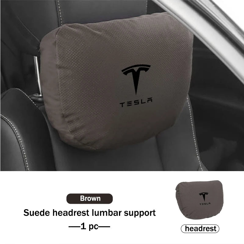 Suede Car Seat Neck Pillow Headrest Waist Lumber Support For Tesla Model 3 Y S X Roadster