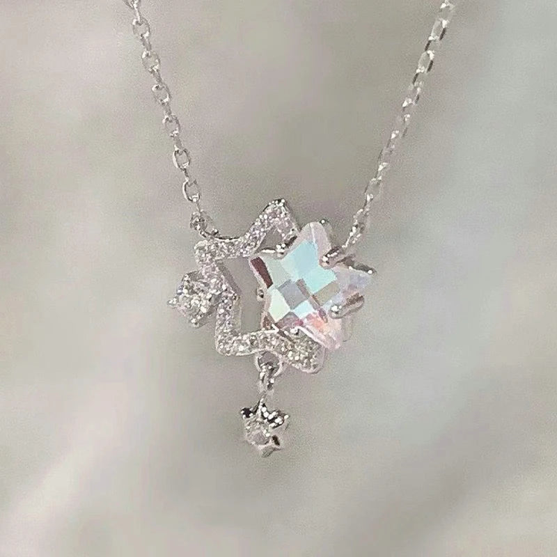 Fairy Elegant Pink Round Crystal Pendant Necklace Simple Design Korean Fashion Girls Women Star Clavicle Chain Jewelry Gifts