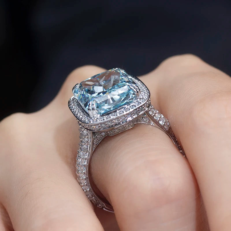 Messi Jewelry 14K White Gold Blue Lab Grown Diamond 1.6CT Cushion Cut Eternity Ring