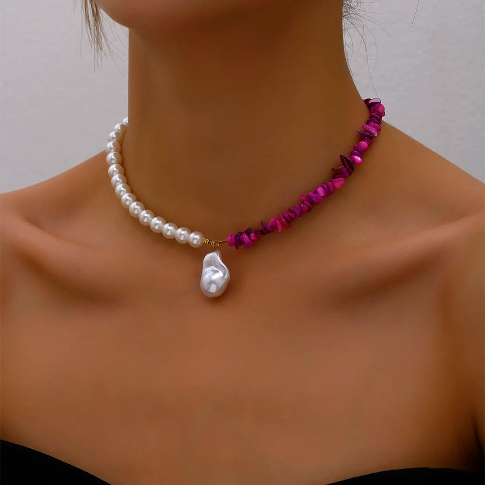 2023 Trend Elegant Jewelry Wedding Big Pearl Necklace For Women Fashion Imitation Pearl Green Rose Color Stone Choker Necklace