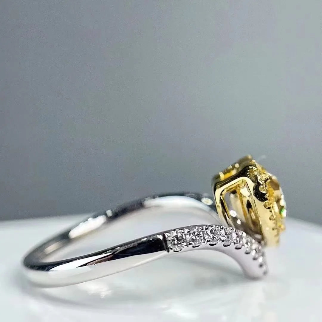 SGARIT Jewelry 18K White Gold Inlaid Diamond Love Heart Ring Classic 1.15 Carat Heart Cut Yellow Diamond Halo Ring for Woman