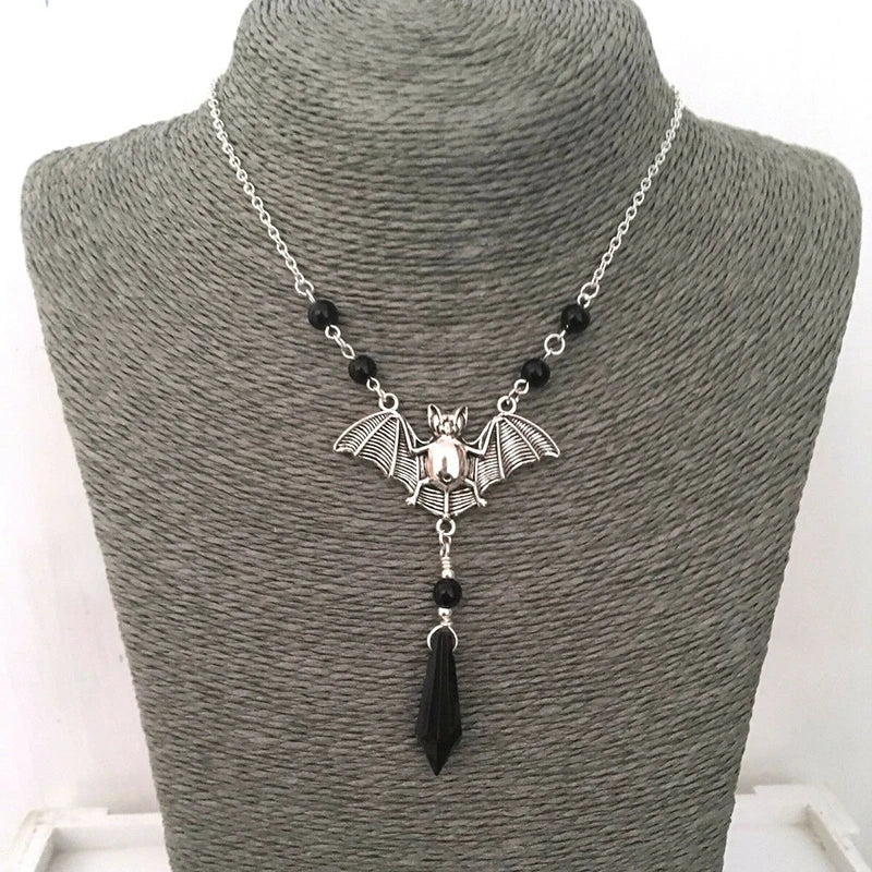 Gothic Bat Pendant Necklace for Women Men Beaded Chain Retro Pagan Pentagram Goth Necklace Male Female Jewelry Gift Accessories