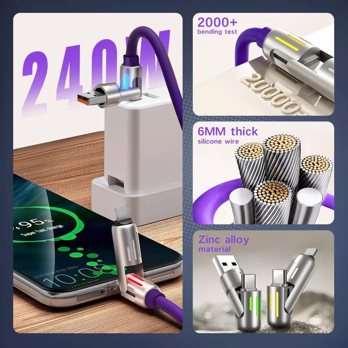 240W 4-in-1 USB Type C Silicone Fast Charging Cable, For iPhone/Huawei/Samsung/ Durable Type-C To USB A Cable