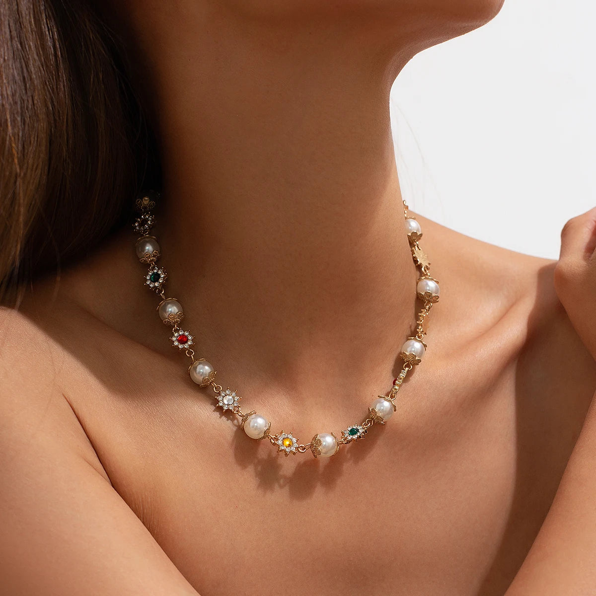 Ingemark Luxury Rhinestone Imitation Pearl Beads Chain Necklace Women Wed Bridal Vintage Jesus Cross Pendant Choker Y2K Jewelry