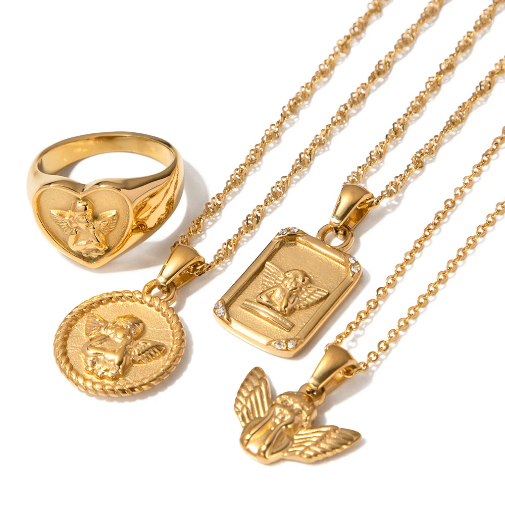 Uworld 316L Stainless Steel Angel Pendant Necklace Necklace Waterproof Simple Fashion Metal Texture Trendy Jewelry for Woman Gif