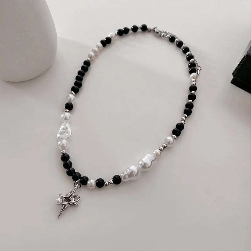 Kpop Cross Star Beaded Necklace for Men Unisex Hiphop Imitation Pearl Star Pendant Necklaces Women Y2K Punk Tassel Necklace